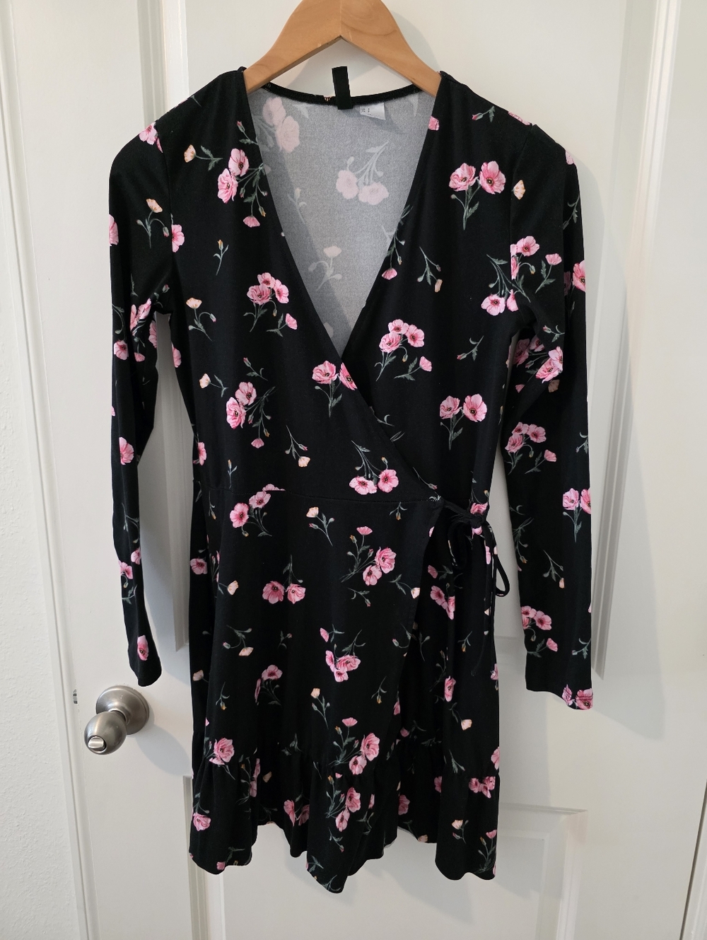 H&M Divided Black Wrap Dress with Pink Floral Print